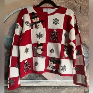 Vintage Marisa Christina Christmas Checkered Snowman Ramie holiday Sweater